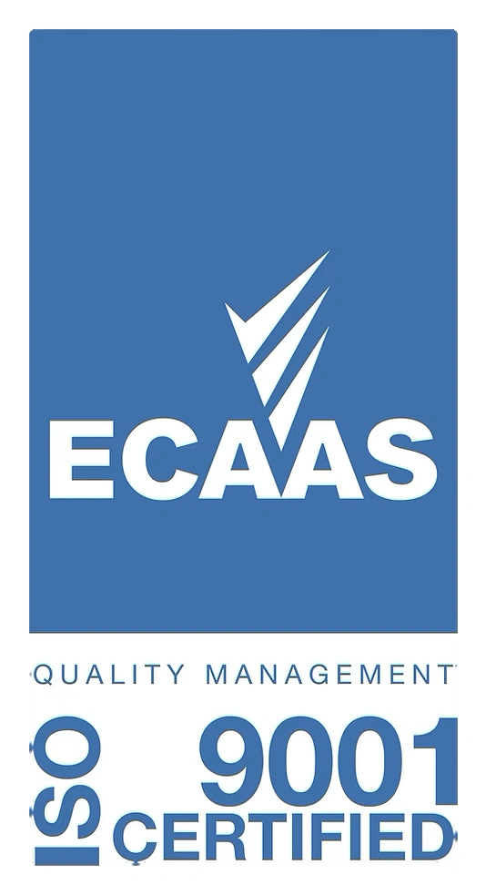 ECAAS Quality Management ISO 9001 Certified logo in blue and white, indicating compliance with ISO 9001 quality management standards.
