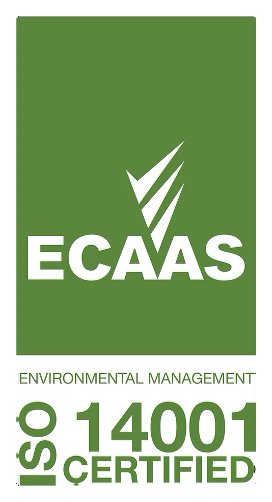 Green and white ECAAS logo with checkmark, labeled "Environmental Management ISO 14001 Certified.