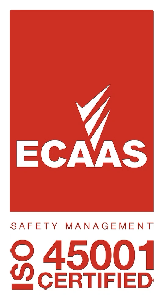 Red and white logo showing "ECAAS" with a checkmark, labeled "Safety Management ISO 45001 Certified.