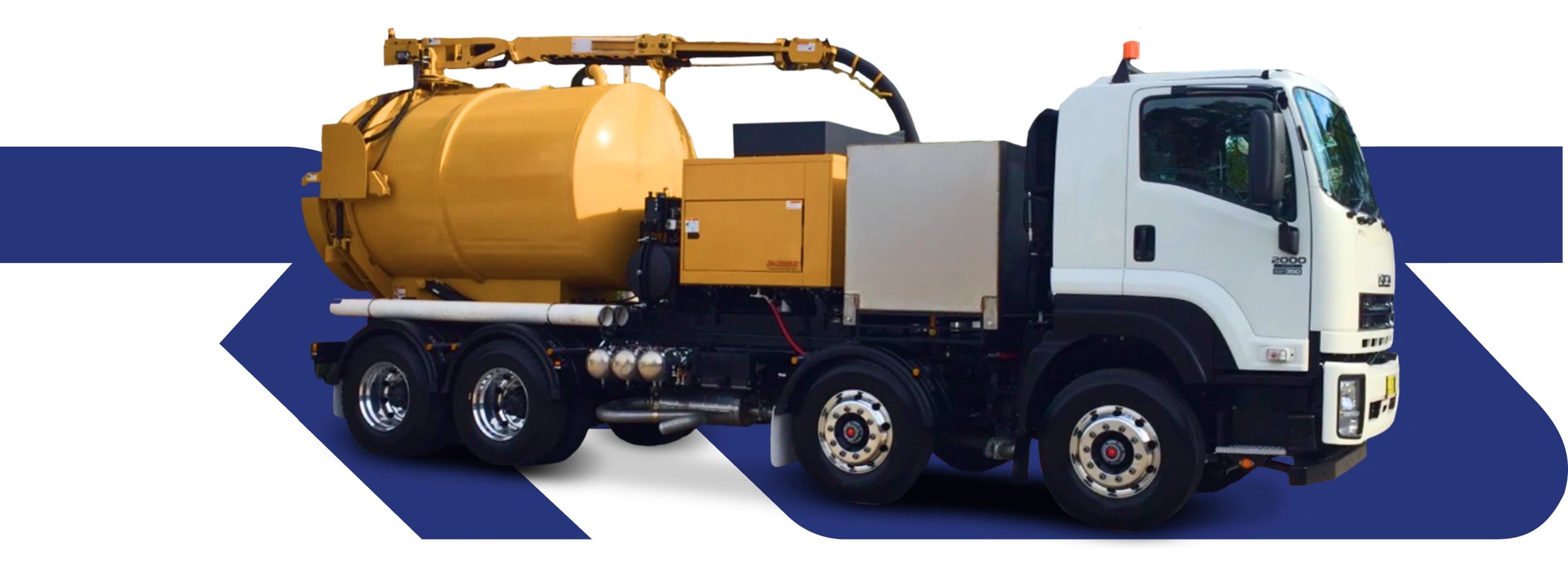 A large industrial vacuum truck with a white cab and yellow tank is equipped with a hydraulic arm and mounted equipment compartments.