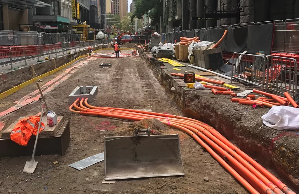City street under construction with exposed orange utility pipes, equipment, barriers, fencing, and workers in safety gear visible in the background.